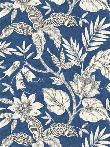 RY30202 Rainforest Leaves Sapphire Brushed Ebony Wallpaper