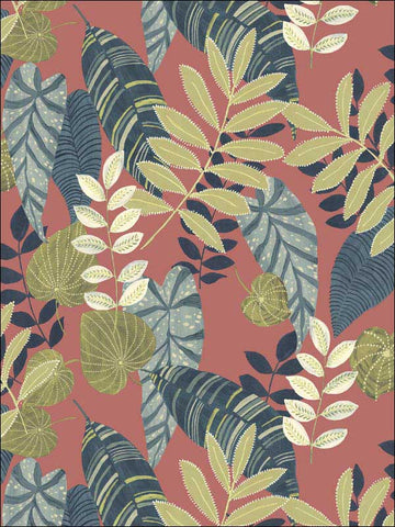 RY30906 Tropicana Leaves Redwood Olive Washed Denim Wallpaper