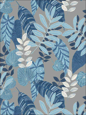 RY30912 Tropicana Leaves Metallic Gray Sky Blue Champlain Wallpaper