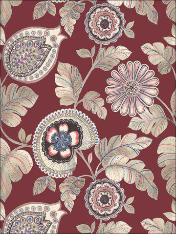 RY31201 Calypso Paisley Leaf Cabernet Coral Wallpaper