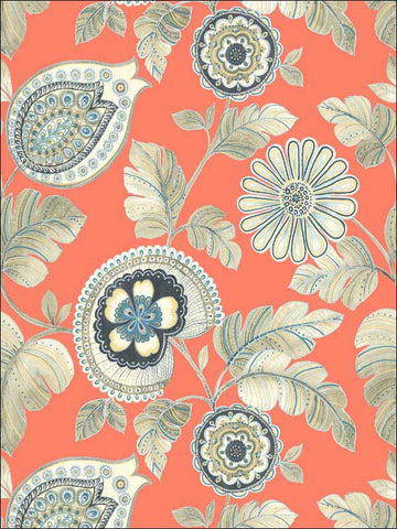  RY31206 Calypso Paisley Leaf Coral Aloe Wallpaper