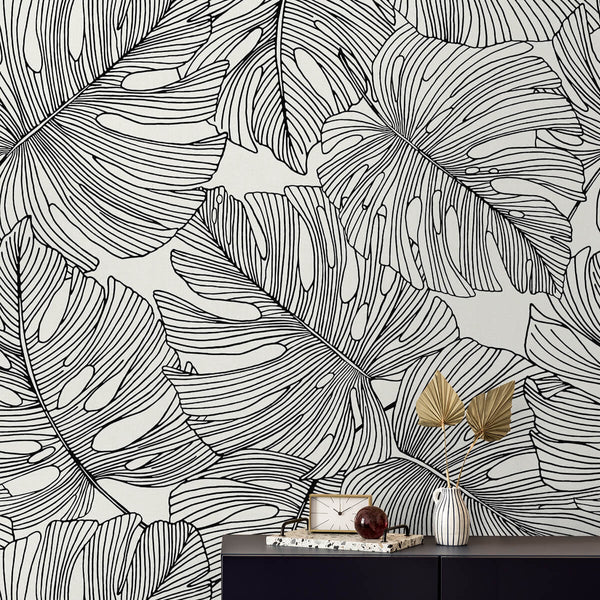 black and white monstera leaf SC20200 Black White Tarra Monstera Large Leaf Wallpaper – wallcoveringsmart
