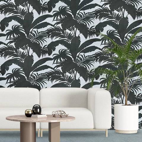 SG41410 Tropical banana leaves off white gray black floral botanical textured wallpaper
