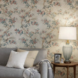 SV60912 Beige gold blue pink blossoms chinoiserie floral curve branches birds Wallpaper