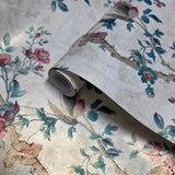 SV60912 Beige gold blue pink blossoms chinoiserie floral curve branches birds Wallpaper