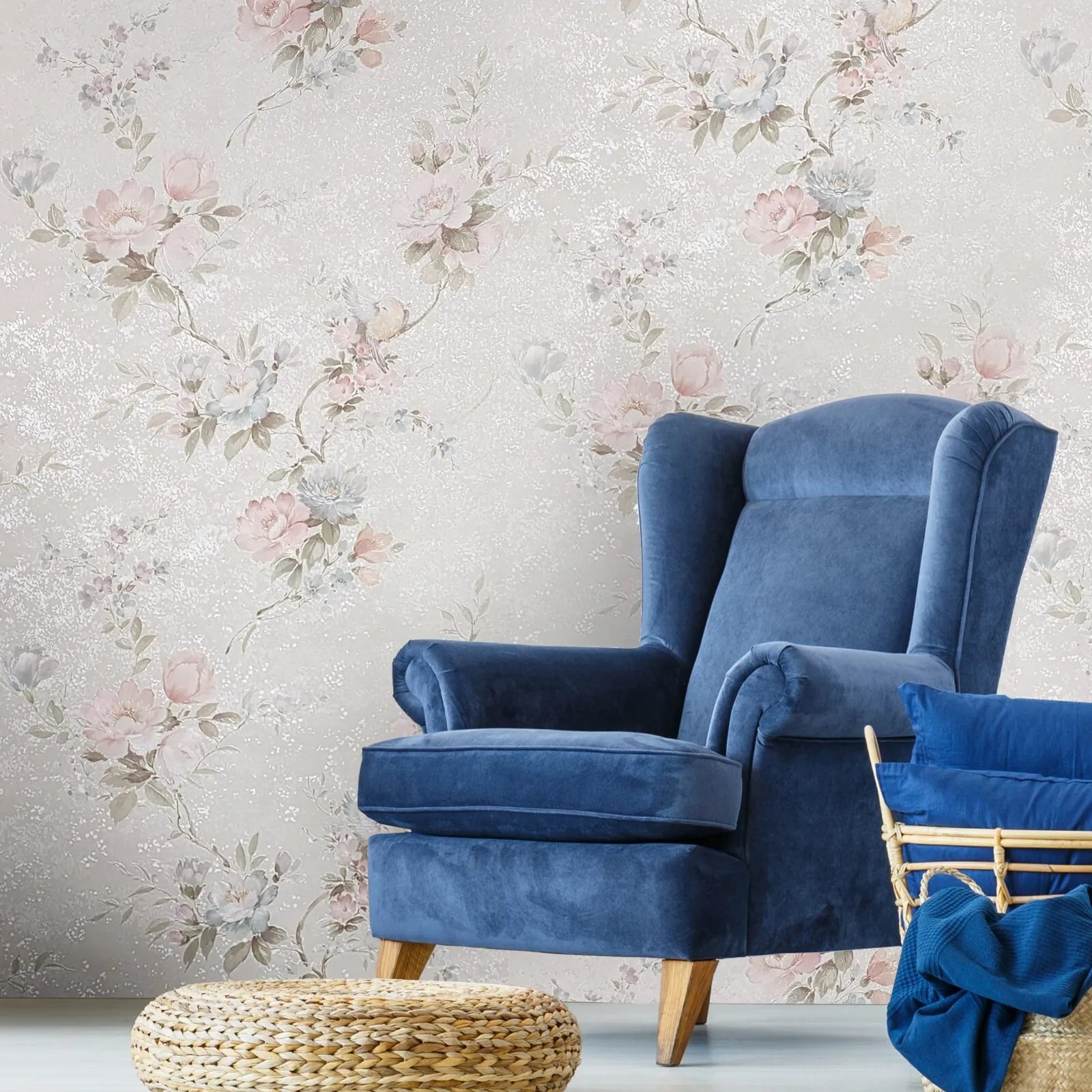 Z66857 Satin off white cream green blue pink flowers birds