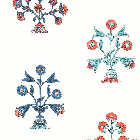 T10669 Indian Flower Coral and Blue Wallpaper
