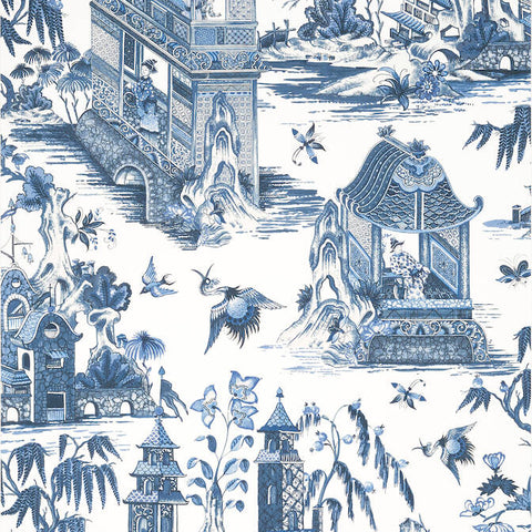 T13614 Grand Palace Blue and White Wallpaper
