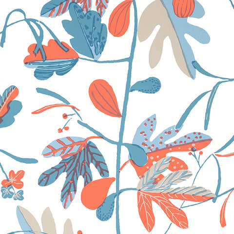 T16207 Matisse Leaf French Blue and Coral Wallpaper
