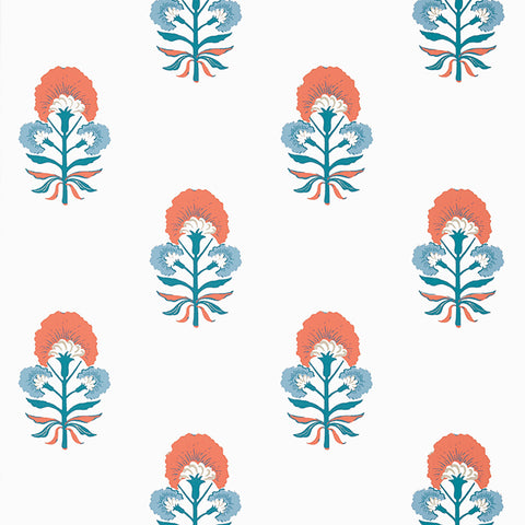 T16213 Tybee Bud French Blue and Coral Wallpaper