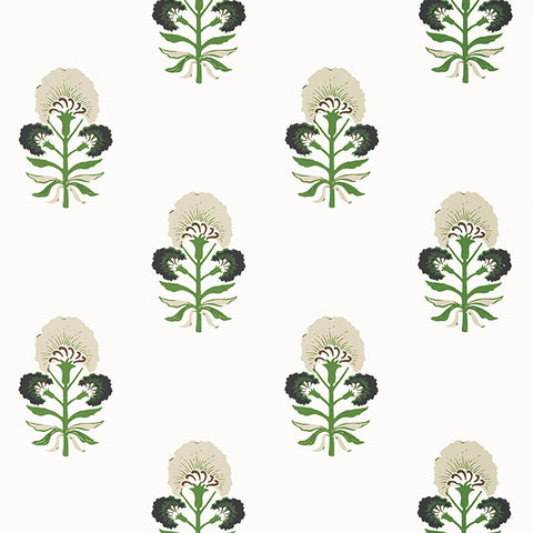 T16214 Tybee Bud Black and Green Wallpaper