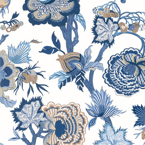 T36418 Indienne Jacobean Blue and White Wallpaper