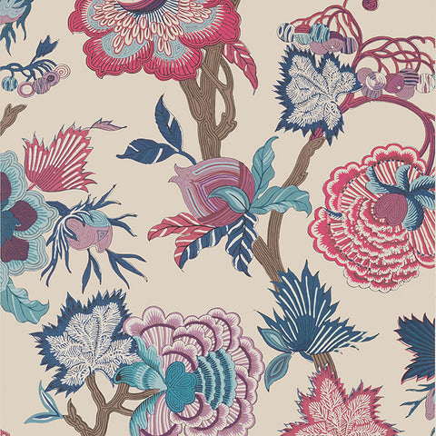 T36419 Indienne Jacobean  Raspberry and Blue on Natural Wallpaper