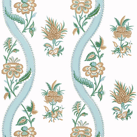 T36422 Ribbon Floral Seaglass and Gold Wallpaper