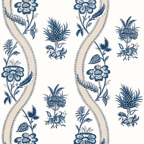 T36423 Ribbon Floral  Blue and White Wallpaper