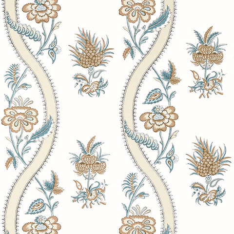 T36425 Ribbon Floral  Beige and Spa Blue Wallpaper