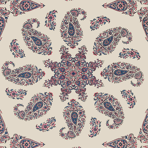 T36430 East India Raspberry and Blue on Natural Wallpaper
