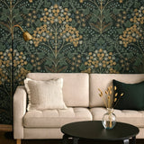 TJ40006 Floral Winkworth Espresso leaves botanical blossom black olive yellow Wallpaper