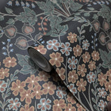 TJ40006 Floral Winkworth Espresso leaves botanical blossom black olive yellow Wallpaper