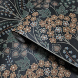 TJ40006 Floral Winkworth Espresso leaves botanical blossom black olive yellow Wallpaper