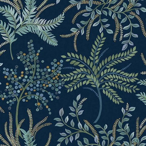 TJ40412 Bedgebury Black Blue Leaf Wallpaper