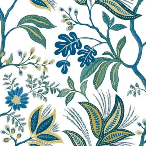 TJ41112 Floral Kew Multi Leaf Vine leaves botanical blue green yellow white Wallpaper 3D
