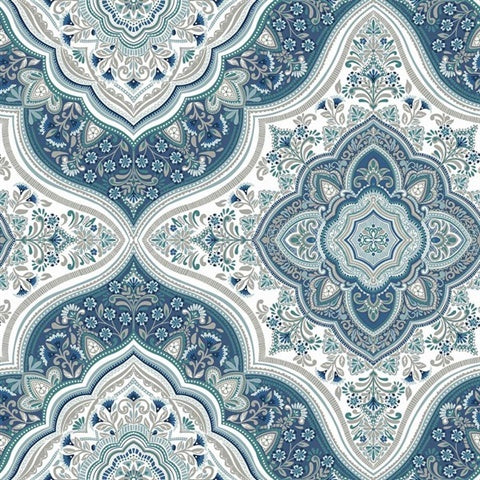 TJ41202 Cambridge Moroccan Blue Damask Medallion Wallpaper