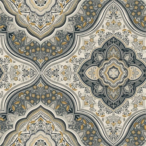 TJ41208 Cambridge Gold and Silver Damask Medallion Wallpaper