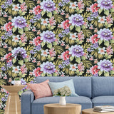 TR20500 Black red violet green tropical floral Lavender peony blossom flowers wallpaper
