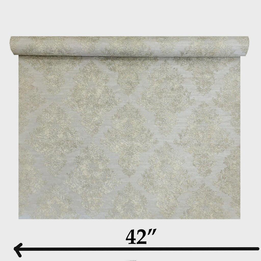 Z78036 Taupe Gray brass gold metallic textured Victorian damask faux f ...