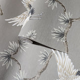 GL21706 Taupe akan gray cream beige cranes floral branches faux fabric texture wallpaper