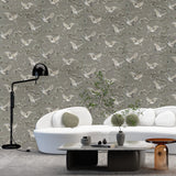 GL21706 Taupe akan gray cream beige cranes floral branches faux fabric texture wallpaper