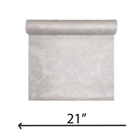 Z21734 Taupe tan gray silver metallic faux fabric damask textured Victorian wallpaper