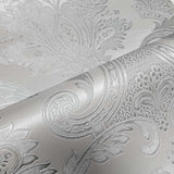 Z21734 Taupe tan gray silver metallic faux fabric damask textured Victorian wallpaper