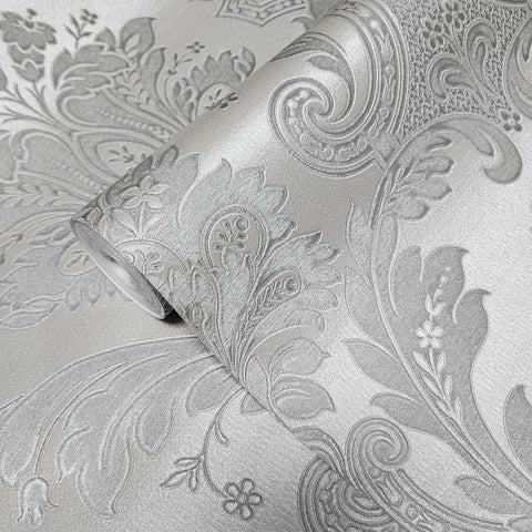 Z21734 Taupe tan gray silver metallic faux fabric damask textured Victorian wallpaper