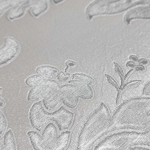 Z21734 Taupe tan gray silver metallic faux fabric damask textured Victorian wallpaper