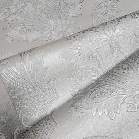 Z21734 Taupe tan gray silver metallic faux fabric damask textured Victorian wallpaper