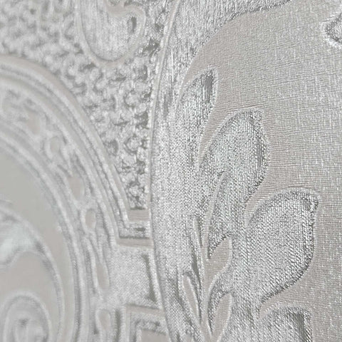 Z21734 Taupe tan gray silver metallic faux fabric damask textured Victorian wallpaper