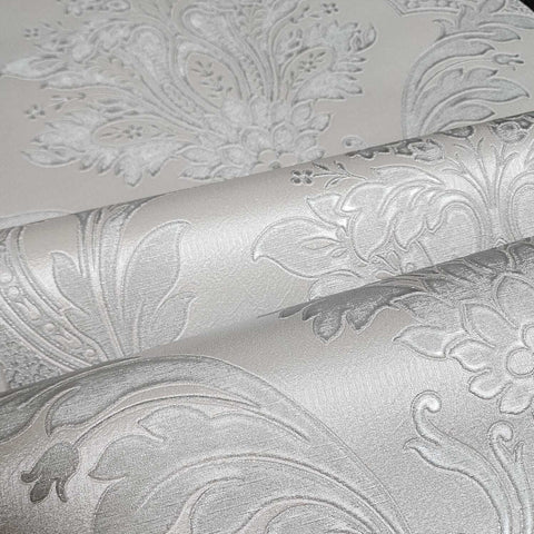 Z21734 Taupe tan gray silver metallic faux fabric damask textured Victorian wallpaper