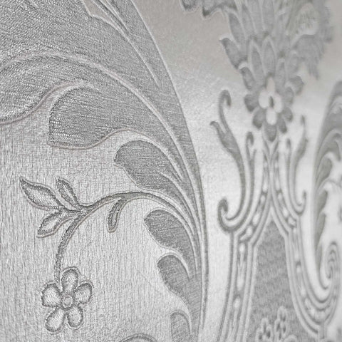 Z21734 Taupe tan gray silver metallic faux fabric damask textured Victorian wallpaper