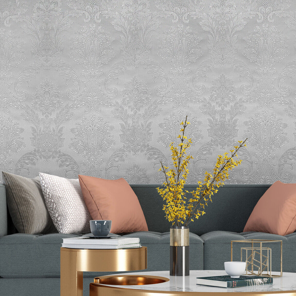 Z21734 Taupe tan gray silver metallic faux fabric damask textured Victorian wallpaper
