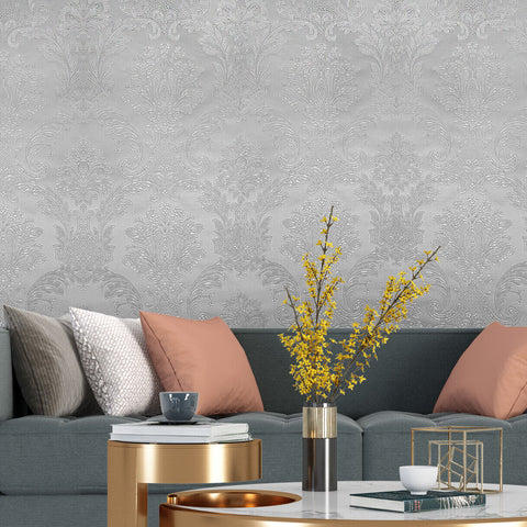 Z21734 Taupe tan gray silver metallic faux fabric damask textured Victorian wallpaper