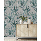 EH71904 Taupe tan gray teal green botanical palm leaf floral leaves modern Wallpaper 3D