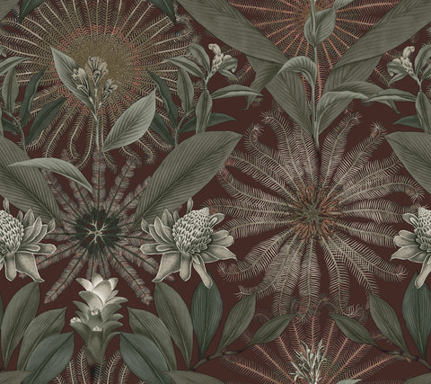 VR1528 Enchanted Garden Maroon Tropical Wallpaper