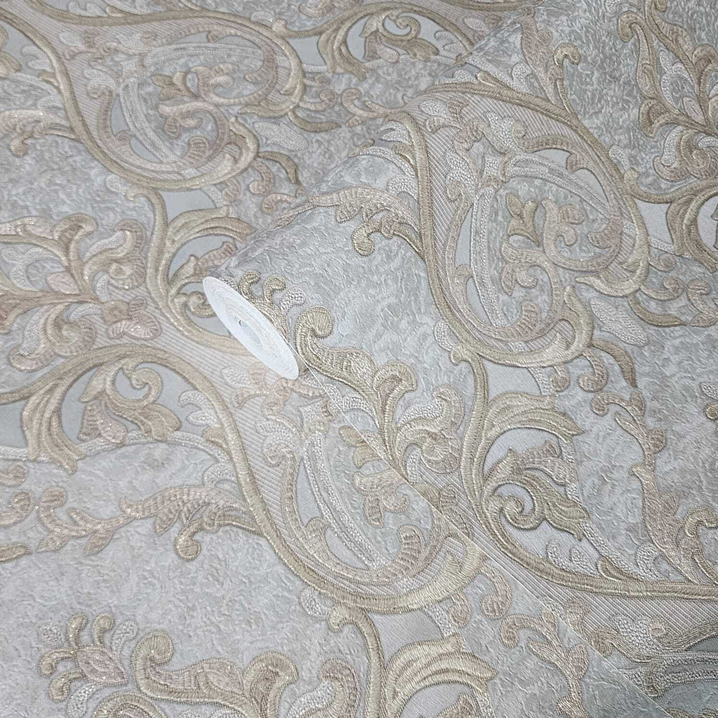 M25004 Victorian silver gray brass gold metallic ogee damask textured ...