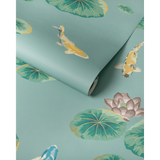 W4146.353 Lotus Pond Wp Green Animals Wallpaper 