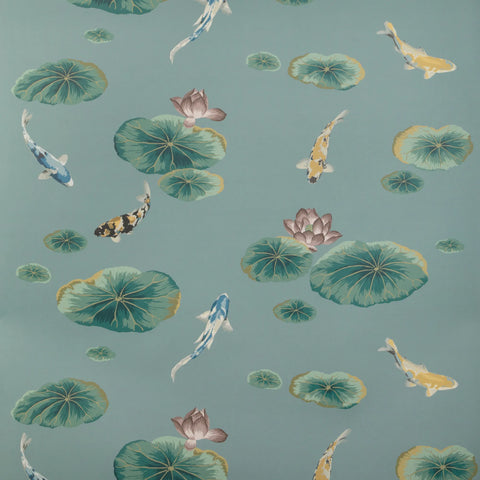 W4146.353 Lotus Pond Wp Green Animals Wallpaper 