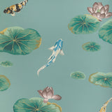 W4146.353 Lotus Pond Wp Green Animals Wallpaper 