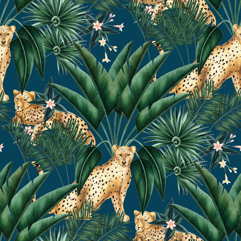 WLD53106W Augustus Blue Jungle Cheetah Wallpaper
