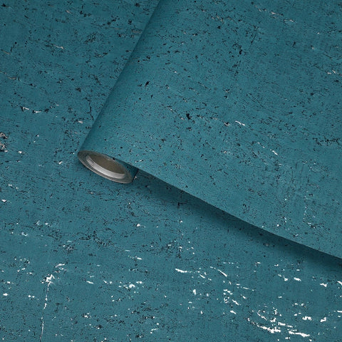 WM019KCS Real natural cork textured matte teal blue silver metallic foil modern Wallpaper